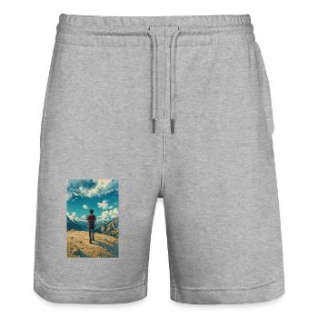 Mountain Explorer on Blue Sky Landscape - Stanley/Stella Trainer Unisex Organic Jogging Shorts - heather grey - Front - Nik (191cm) & Marisol (170cm)
