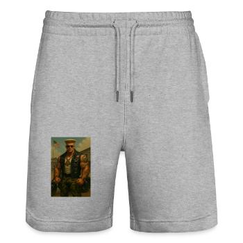 Military Biker – Blonder Krieger in Medaillenweste - Stanley/Stella Unisex Bio Joggingshorts Trainer  - Grau meliert - Vorne - Nik (191cm) & Marisol (170cm)