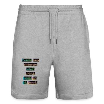 Glitched Peace and Chaos Typography - Stanley/Stella Trainer Unisex Organic Jogging Shorts - heather grey - Front - Nik (191cm) & Marisol (170cm)
