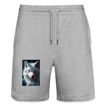 Illustration of a wolf - Stanley/Stella Trainer Unisex Organic Jogging Shorts - heather grey - Front - Nik (191cm) & Marisol (170cm)
