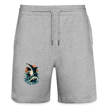 Hai brüllt durch Orange Wellen - Stanley/Stella Unisex Bio Joggingshorts Trainer  - Grau meliert - Vorne - Nik (191cm) & Marisol (170cm)