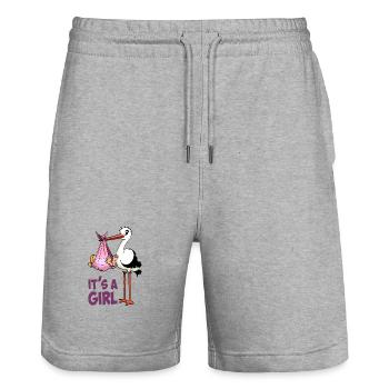 Cigogne avec une petite fille ; « C’est une fille » - Short de jogging bio TRAINER Stanley/Stella unisexe - gris chiné - Devant - Nik (191cm) & Marisol (170cm)
