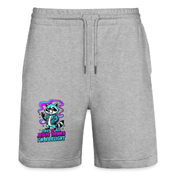 First of All Jesus Thinks I'm A Delight Raccoon - Stanley/Stella Trainer Unisex Organic Jogging Shorts - heather grey - Front - Nik (191cm) & Marisol (170cm)