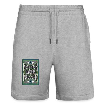 BetterLateThanNever_Original - Stanley/Stella Trainer Unisex Organic Jogging Shorts - heather grey - Front - Nik (191cm) & Marisol (170cm)