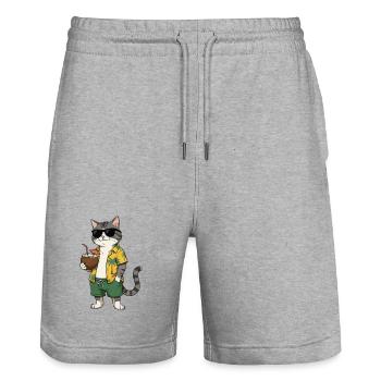 Strandkatze mit Hawaiihemd und Kokosnuss - Stanley/Stella Unisex Bio Joggingshorts Trainer  - Grau meliert - Vorne - Nik (191cm) & Marisol (170cm)
