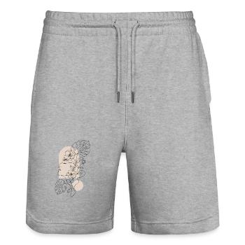 Minimalist One Line Art Woman Face & Floral - Stanley/Stella Unisex Bio Joggingshorts Trainer  - Grau meliert - Vorne - Nik (191cm) & Marisol (170cm)