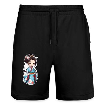 Japanese woman in kimono - Japan - manga - Stanley/Stella Trainer Unisex Organic Jogging Shorts - black - Front - Nik (191cm) & Marisol (170cm)