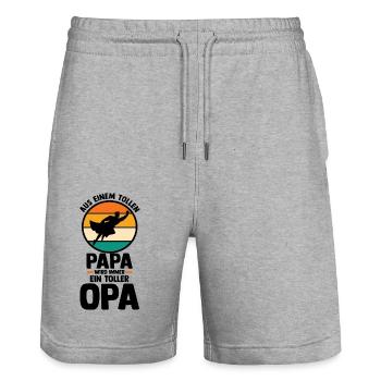 Père, Papa, Grand-père, Grand-père - Short de jogging bio TRAINER Stanley/Stella unisexe - gris chiné - Devant - Nik (191cm) & Marisol (170cm)
