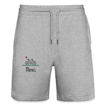 MERCI. THANKS. VELO. THANK YOU. ANNIVERSAIRE - Short de jogging bio TRAINER Stanley/Stella unisexe - gris chiné - Devant - Nik (191cm) & Marisol (170cm)