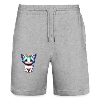 Un adorable chaton avec une corolle de fleurs - Short de jogging bio TRAINER Stanley/Stella unisexe - gris chiné - Devant - Nik (191cm) & Marisol (170cm)