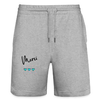 MERCI. THANKS. THANK YOU. ANNIVERSAIRE. NAISSANCE. - Short de jogging bio TRAINER Stanley/Stella unisexe - gris chiné - Devant - Nik (191cm) & Marisol (170cm)