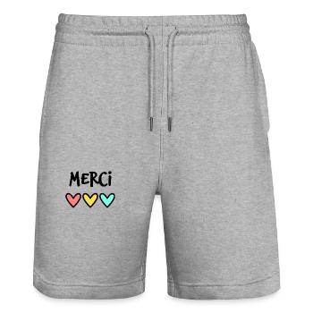 MERCI. THANKS. THANK YOU. ANNIVERSAIRE. NAISSANCE. - Short de jogging bio TRAINER Stanley/Stella unisexe - gris chiné - Devant - Nik (191cm) & Marisol (170cm)