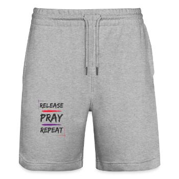 Release Pray Repeat - Stanley/Stella Trainer Unisex Organic Jogging Shorts - heather grey - Front - Nik (191cm) & Marisol (170cm)