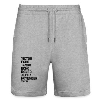 Victor Echo Tango Echo Romeo... over - VETERAN - Stanley/Stella Trainer Unisex Organic Jogging Shorts - heather grey - Front - Nik (191cm) & Marisol (170cm)