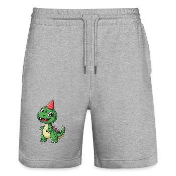 Dinosaure mignon avec chapeau de fête - Amusant et ludique - Short de jogging bio TRAINER Stanley/Stella unisexe - gris chiné - Devant - Nik (191cm) & Marisol (170cm)