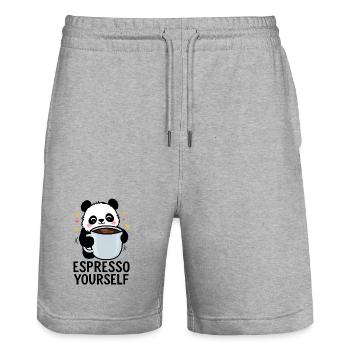 Espresso Yourself – Lustiges Panda-Kaffee Shirt - Stanley/Stella Unisex Bio Joggingshorts Trainer  - Grau meliert - Vorne - Nik (191cm) & Marisol (170cm)