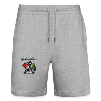 Independence GUINÉE“ mit Faust & Flaggenfarben - Stanley/Stella Unisex Bio Joggingshorts Trainer  - Grau meliert - Vorne - Nik (191cm) & Marisol (170cm)