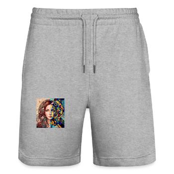 Nature Meets Geometry – Half-Portrait - Stanley/Stella Trainer Unisex Organic Jogging Shorts - heather grey - Front - Nik (191cm) & Marisol (170cm)