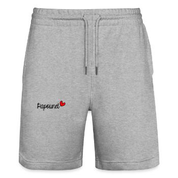 PAPOUNET. PAPA. FÊTE DES PÈRES. BONNE FÊTE PAPA. - Short de jogging bio TRAINER Stanley/Stella unisexe - gris chiné - Devant - Nik (191cm) & Marisol (170cm)