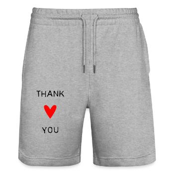 MERCI. THANKS. THANK YOU. ANNIVERSAIRE. NAISSANCE. - Short de jogging bio TRAINER Stanley/Stella unisexe - gris chiné - Devant - Nik (191cm) & Marisol (170cm)