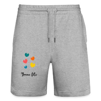 MAMIE. FÊTE DES MÈRES. BONNE FÊTE MAMIE. JE T'AIME - Short de jogging bio TRAINER Stanley/Stella unisexe - gris chiné - Devant - Nik (191cm) & Marisol (170cm)