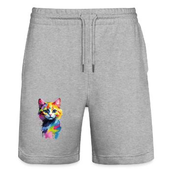 Bunter Wasserfarben-Katzenkopf - Stanley/Stella Unisex Bio Joggingshorts Trainer  - Grau meliert - Vorne - Nik (191cm) & Marisol (170cm)