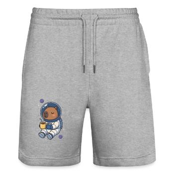 Capybara Astronaut – Kaffee im All ☕🪐 - Stanley/Stella Unisex Bio Joggingshorts Trainer  - Grau meliert - Vorne - Nik (191cm) & Marisol (170cm)