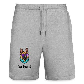 Chien de berger avec des lunettes dit : Vous chien - Short de jogging bio TRAINER Stanley/Stella unisexe - gris chiné - Devant - Nik (191cm) & Marisol (170cm)