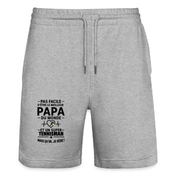 Cœur + Tennis – Super Papa Tennisman - Short de jogging bio TRAINER Stanley/Stella unisexe - gris chiné - Devant - Nik (191cm) & Marisol (170cm)
