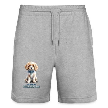 La vie est meilleure avec mon chien - Aquarelle Cavachon - Short de jogging bio TRAINER Stanley/Stella unisexe - gris chiné - Devant - Nik (191cm) & Marisol (170cm)