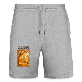First Coffee Then People Vintage Pinup Gift - Stanley/Stella Trainer Unisex Organic Jogging Shorts - heather grey - Front - Nik (191cm) & Marisol (170cm)