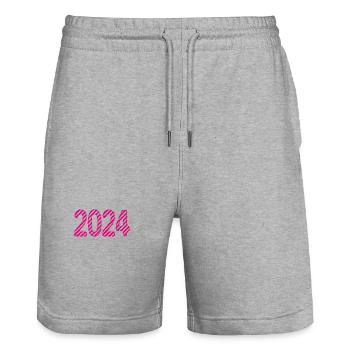 2024. FROHES NEUES JAHR. SILVESTER. NEUJAHR - Stanley/Stella Unisex Bio Joggingshorts Trainer  - Grau meliert - Vorne - Nik (191cm) & Marisol (170cm)