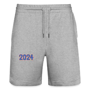 2024. FROHES NEUES JAHR. SILVESTER. NEUJAHR - Stanley/Stella Unisex Bio Joggingshorts Trainer  - Grau meliert - Vorne - Nik (191cm) & Marisol (170cm)
