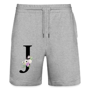 Lettre j floral violet - Short de jogging bio TRAINER Stanley/Stella unisexe - gris chiné - Devant - Nik (191cm) & Marisol (170cm)