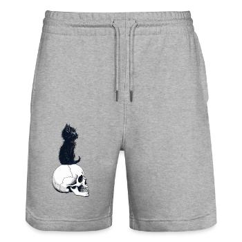 Chaton mignon assis sur un crâne - Short de jogging bio TRAINER Stanley/Stella unisexe - gris chiné - Devant - Nik (191cm) & Marisol (170cm)