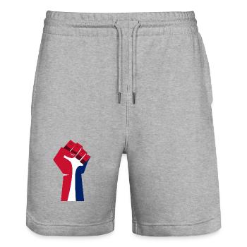 The Raised Fist (Red, White, Blue) - Stanley/Stella Trainer Unisex Organic Jogging Shorts - heather grey - Front - Nik (191cm) & Marisol (170cm)