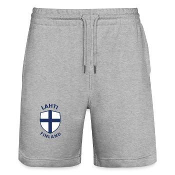Lahti Finland Shield Emblem - Stanley/Stella Trainer Unisex Organic Jogging Shorts - heather grey - Front - Nik (191cm) & Marisol (170cm)