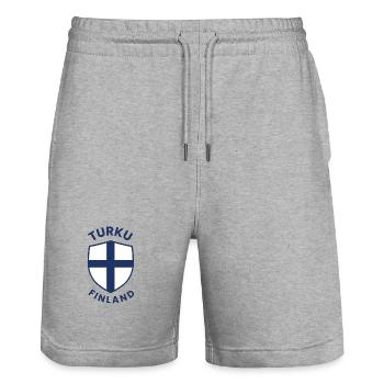 Turku Finland Shield Emblem - Stanley/Stella Trainer Unisex Organic Jogging Shorts - heather grey - Front - Nik (191cm) & Marisol (170cm)