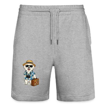 Travel dog with camera in Hawaiian look - Stanley/Stella Trainer Unisex Organic Jogging Shorts - heather grey - Front - Nik (191cm) & Marisol (170cm)
