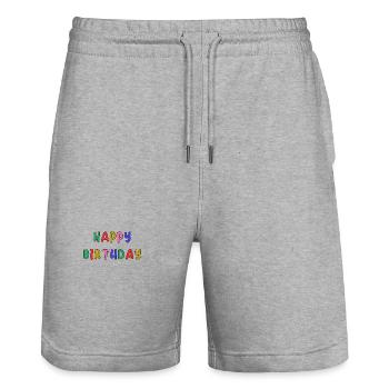 HAPPY BIRTHDAY. HAPPY BIRTHDAY. ANNIVERSARY. - Stanley/Stella Trainer Unisex Organic Jogging Shorts - heather grey - Front - Nik (191cm) & Marisol (170cm)