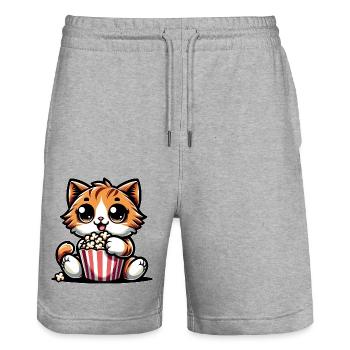 Kino Katze, Süßer Kater mit Popcorn - Stanley/Stella Unisex Bio Joggingshorts Trainer  - Grau meliert - Vorne - Nik (191cm) & Marisol (170cm)