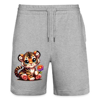 Süßes Tigerbaby mit Blume in der Hand - Stanley/Stella Unisex Bio Joggingshorts Trainer  - Grau meliert - Vorne - Nik (191cm) & Marisol (170cm)