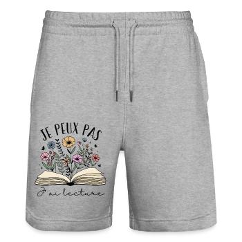 Je Peux Pas J’ai Lecture Cadeau Livre Fleurs - Short de jogging bio TRAINER Stanley/Stella unisexe - gris chiné - Devant - Nik (191cm) & Marisol (170cm)