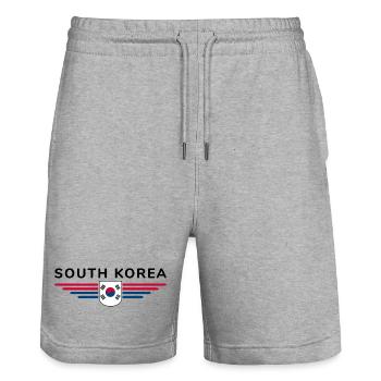I Love South Korea Design T-Shirt Outfit - Stanley/Stella Trainer Unisex Organic Jogging Shorts - heather grey - Front - Nik (191cm) & Marisol (170cm)