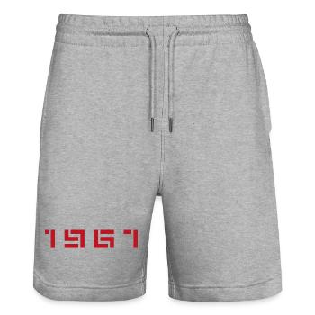 Année de naissance : Né en - Fabriqué en 1967 - Short de jogging bio TRAINER Stanley/Stella unisexe - gris chiné - Devant - Nik (191cm) & Marisol (170cm)