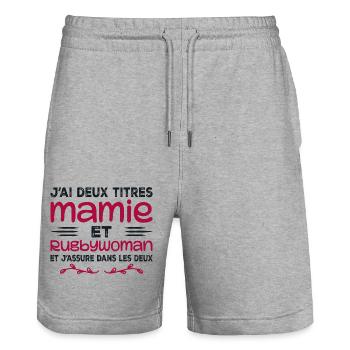 Zwei Granny Rugbywoman-Titel | Oma, Rugby - Stanley/Stella Unisex Bio Joggingshorts Trainer  - Grau meliert - Vorne - Nik (191cm) & Marisol (170cm)