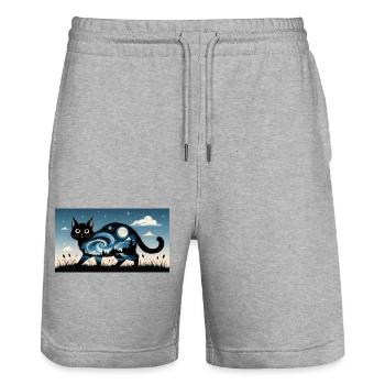 Starry Night and black Cat - Stanley/Stella Trainer Unisex Organic Jogging Shorts - heather grey - Front - Nik (191cm) & Marisol (170cm)