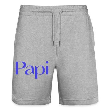 PAPI. BONNE FÊTE PAPA. PAPA. FÊTE DES PÈRES. PÈRE. - Short de jogging bio TRAINER Stanley/Stella unisexe - gris chiné - Devant - Nik (191cm) & Marisol (170cm)
