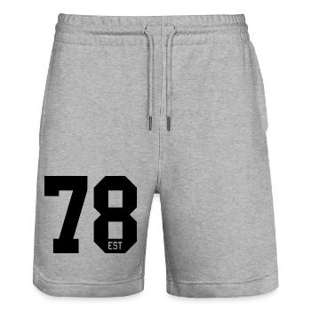 Number Design 78 – EST Sports Typography - Stanley/Stella Trainer Unisex Organic Jogging Shorts - heather grey - Front - Nik (191cm) & Marisol (170cm)