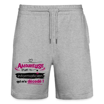 Amoureuse d'un informaticien ! humour geek - Short de jogging bio TRAINER Stanley/Stella unisexe - gris chiné - Devant - Nik (191cm) & Marisol (170cm)